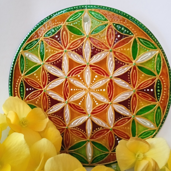 Mandala - "Květ Života" (malba na skle - 12 cm)
